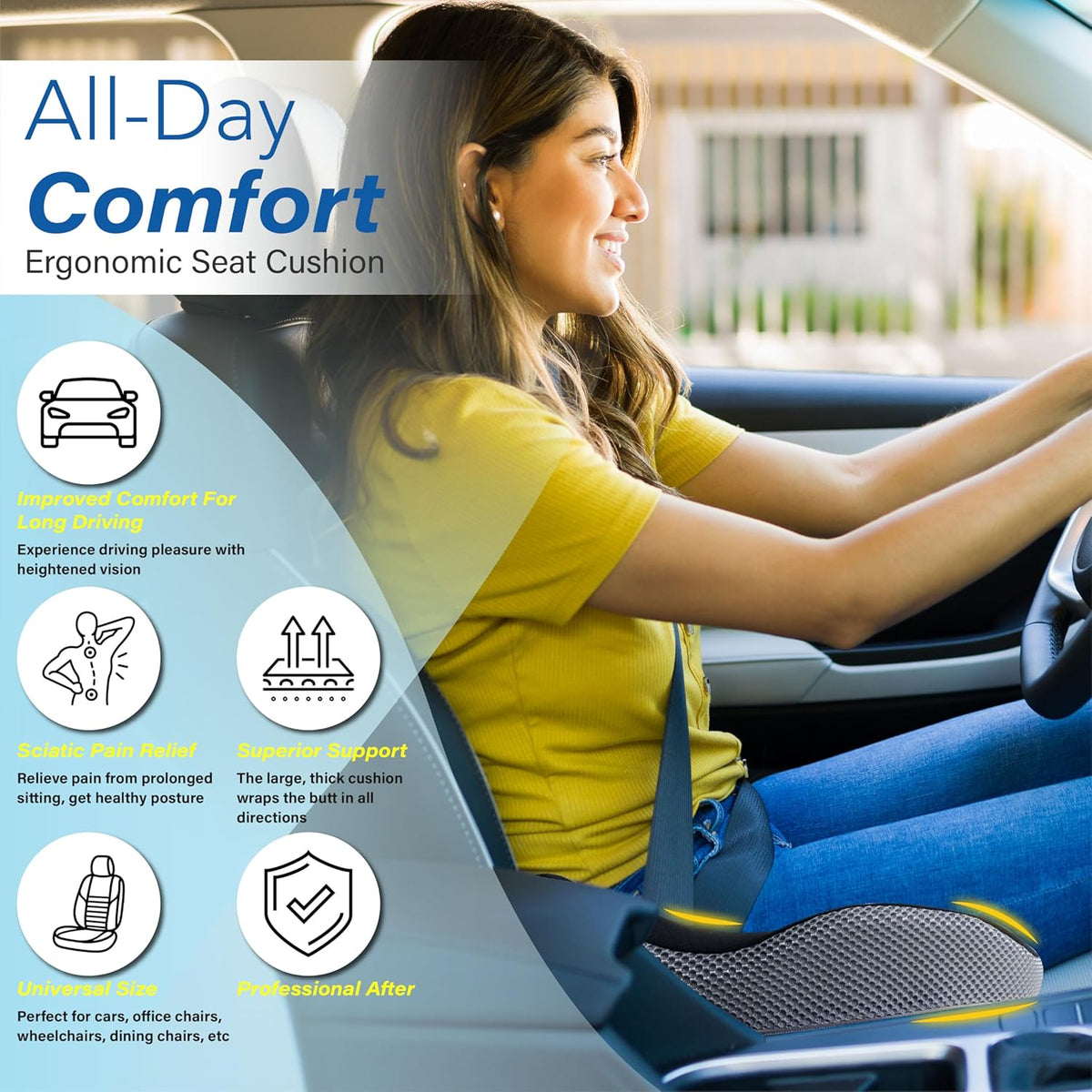 Car Seat Cushion, Ergonomic Memory Foam Car Cushion for Sciatica Pain Relief, Larger Driving Seat Pillow for Short Drivers on Long Drives - Butt Pillow for Truck, Office, Wheelchair - Black&Gray
