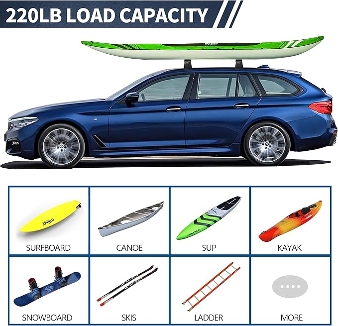 Universal Car Soft Roof Rack for Kayak/Canoe/Surfboard/SUP/Snowboard,Roof Rack Pads Carrier System Include 2 16FT Tie Down Straps,2 Ratchet Pulley Ropes,2 Hood Loops and Storage Bag （with Crossbar）