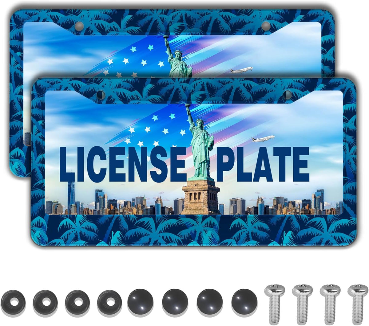 License Plate Frame Blue License Plate Frames Tropical Blue Palm Trees Aluminum Metal Car Accessory 2 Pack with Screw Covers Set
