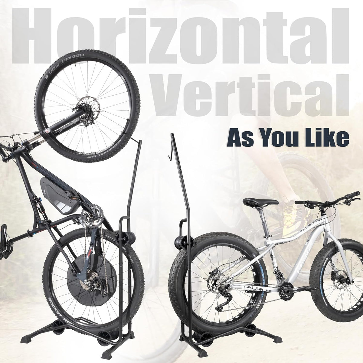 CyclingDeal Upright E Bike Fat Tire Bike Stand - Vertical & Horizontal Bike Rack Bicycle Storage Stand - Vertical E Bike Rack Garage - Fat Tire Bike Storage Rack - Holds Bikes up to 110 lbs