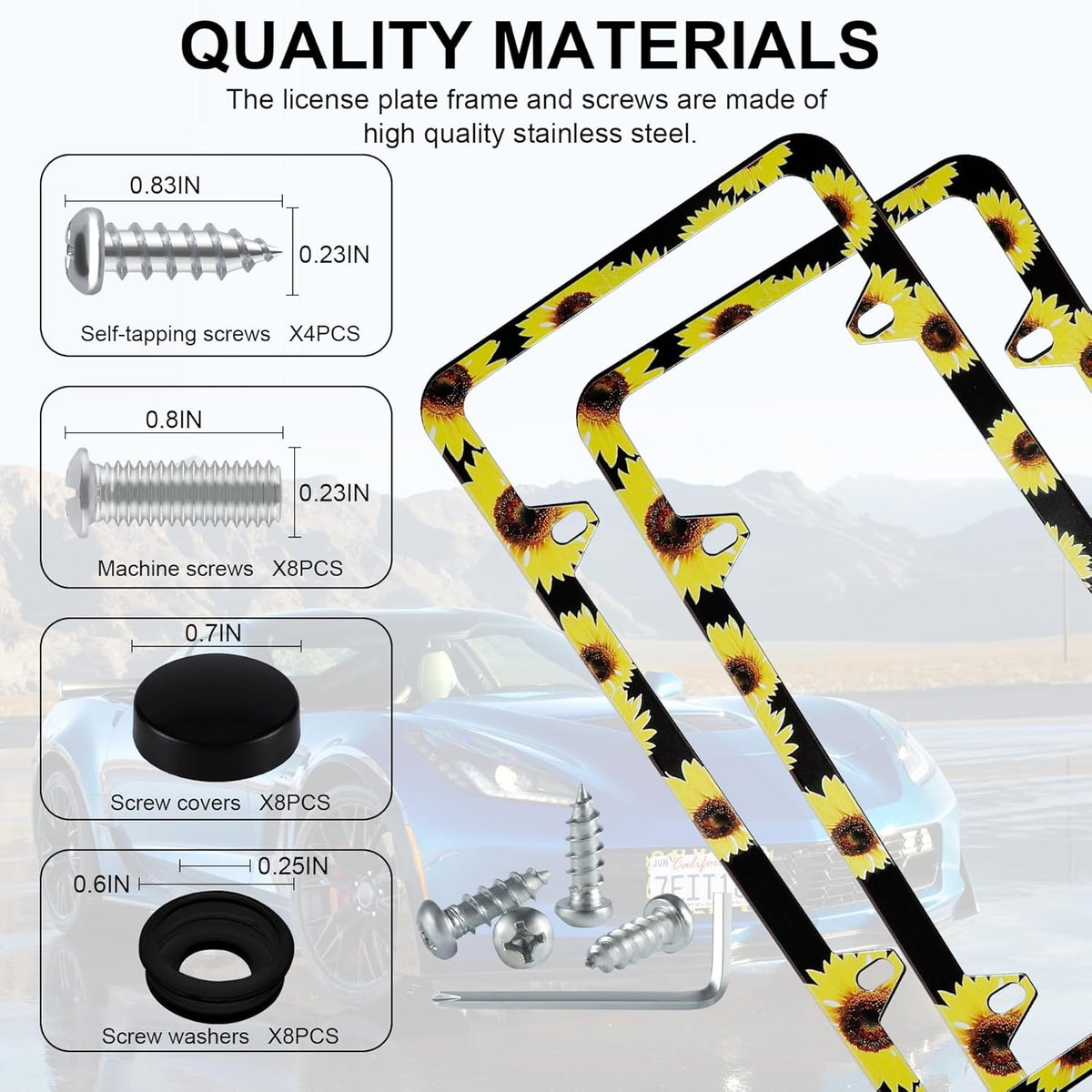 LivTee Flower License Plate Frames, 4 Holes Stainless Steel License Plate Covers, 2PCS Car License Plate Holder, Automotive Exterior Accessories, Sunflower
