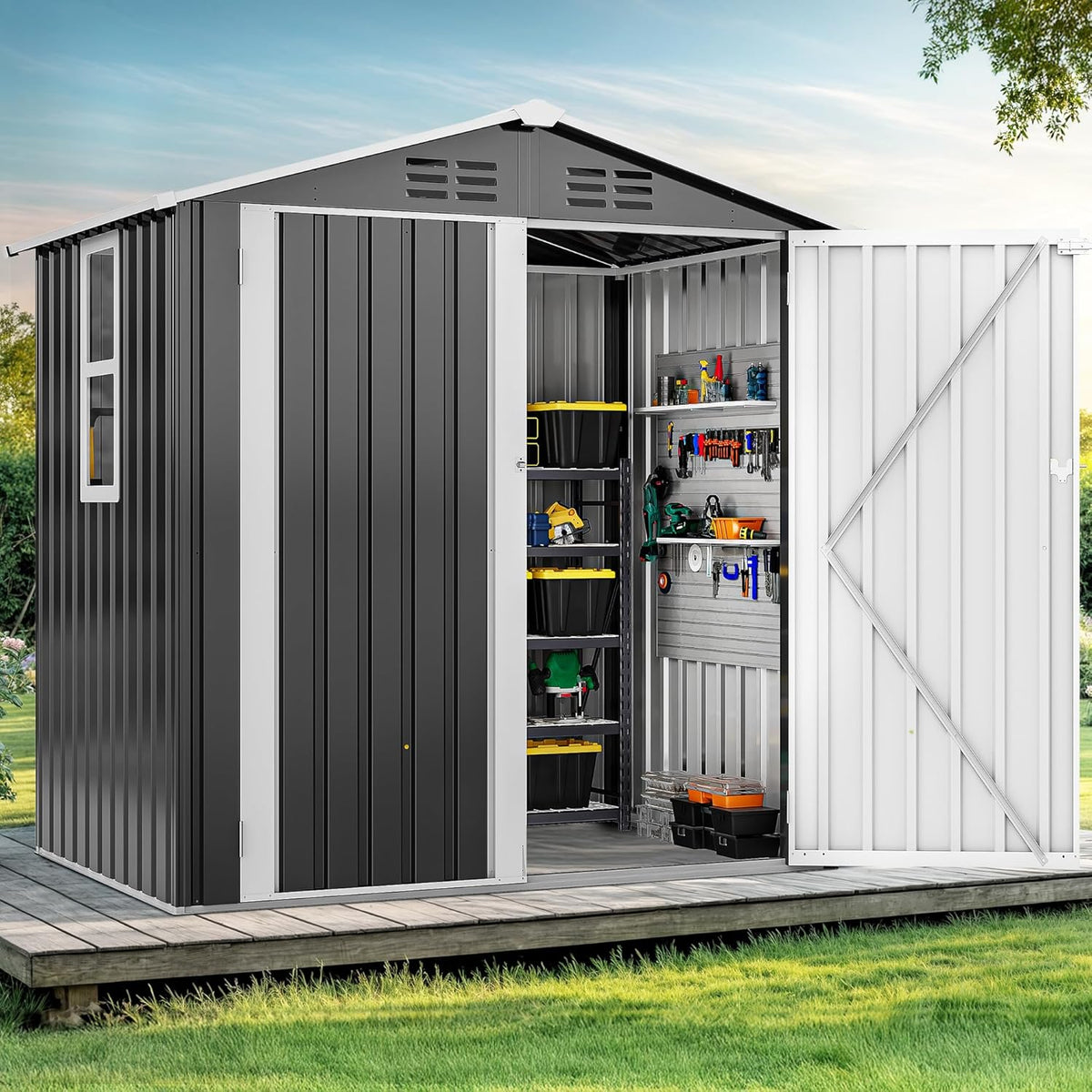 DWVO 6x4ft Metal Outdoor Storage Shed with Window, Lockable Tool Storage Sheds, Steel Garden Sheds with Sloped Roof for Backyard, Patio, Garage, Lawn, Gray + White