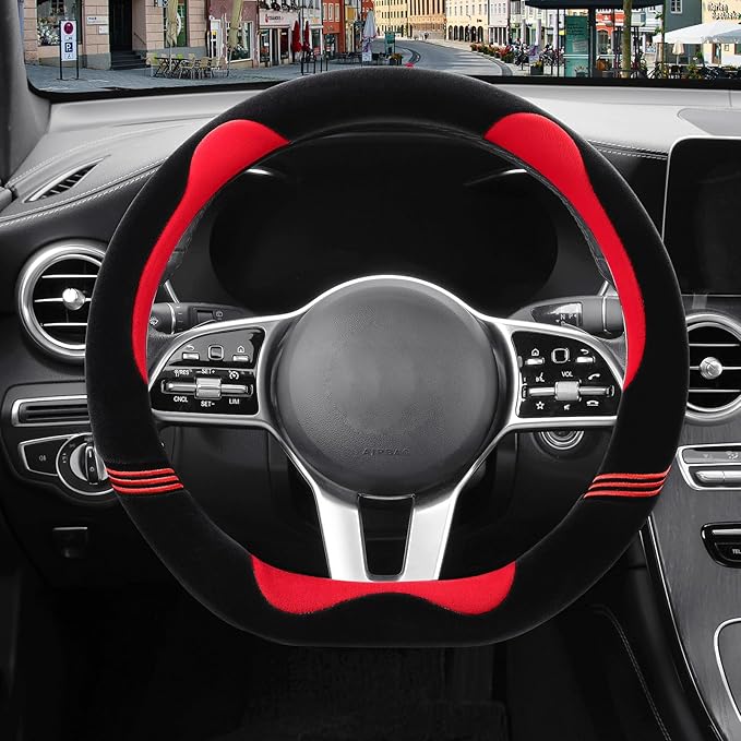 14 inch Furry Cute D Shaped Steering Wheel Cover, Soft Fluffy Short Plush Auto Accessories, Non-Slip Cold-Proof Sweat-Proof Colorfast(Black with Red)