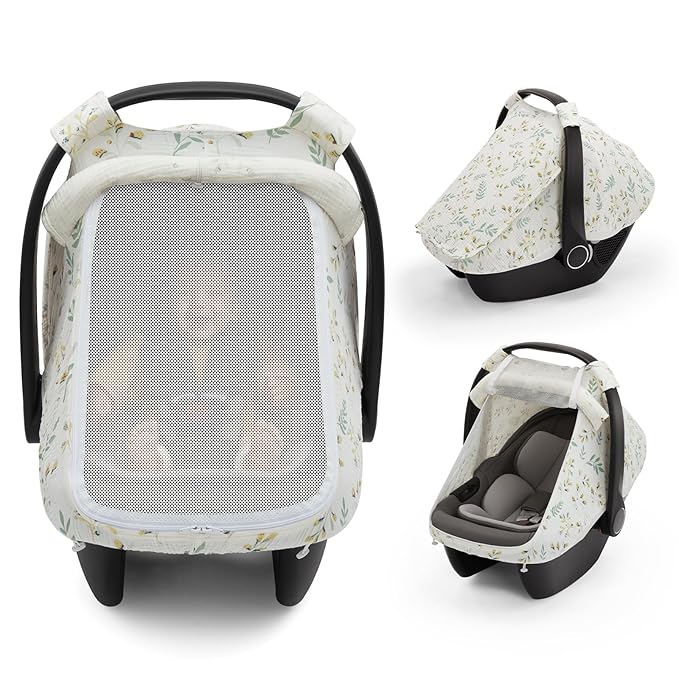 Blissful Diary Baby Car Seat Cover, Extra Large Mesh Window, Breathable Muslin Cotton, Infant Windproof Canopy, Must-Have Baby Gift - Botanical Leaf