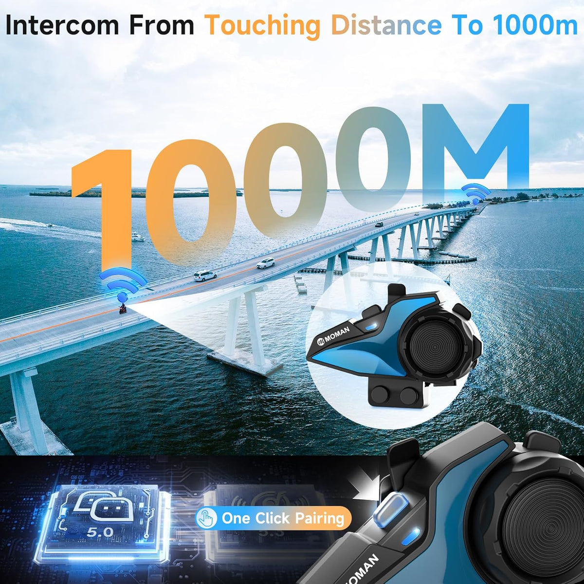 Motorcycle Intercom Headset, Moman H2E Eagle-Like Communication System with Dual Chips for Audio Multitasking HiFi Sound/Music Sharing/FM/AI Voice (2Pack), Motorcycle-Intercom-Helmet-Headset-Headphone