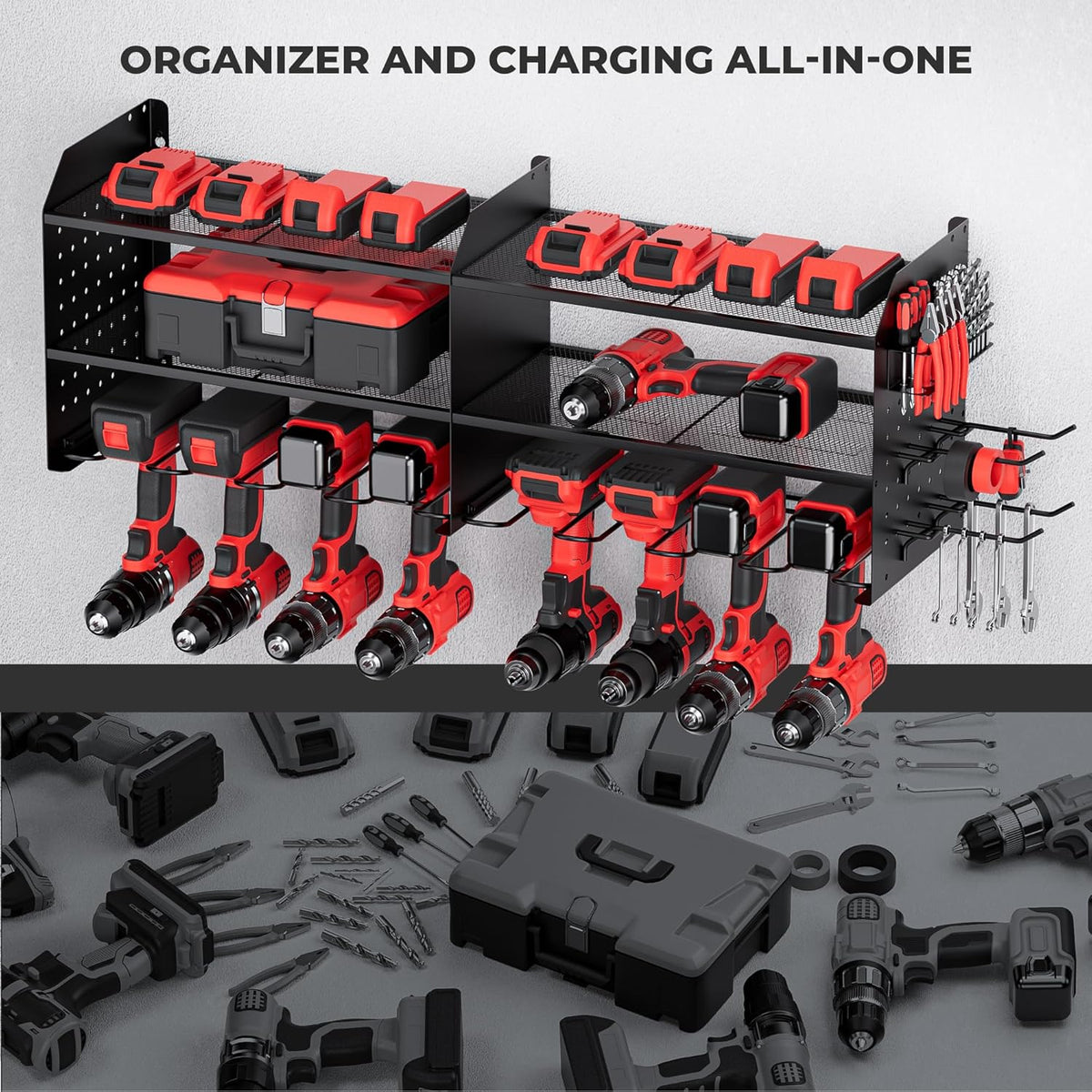 TRZZ 2-in-1 Power Tool Organizer Wall Mount, 3-Layer Drill Holder with 2 Side Pegboards, 8 Drill Holders, 4 Hooks, and 1 Drill Bit Rack, Tool Storage for Garage, Workshop, and Tool Room (Black)