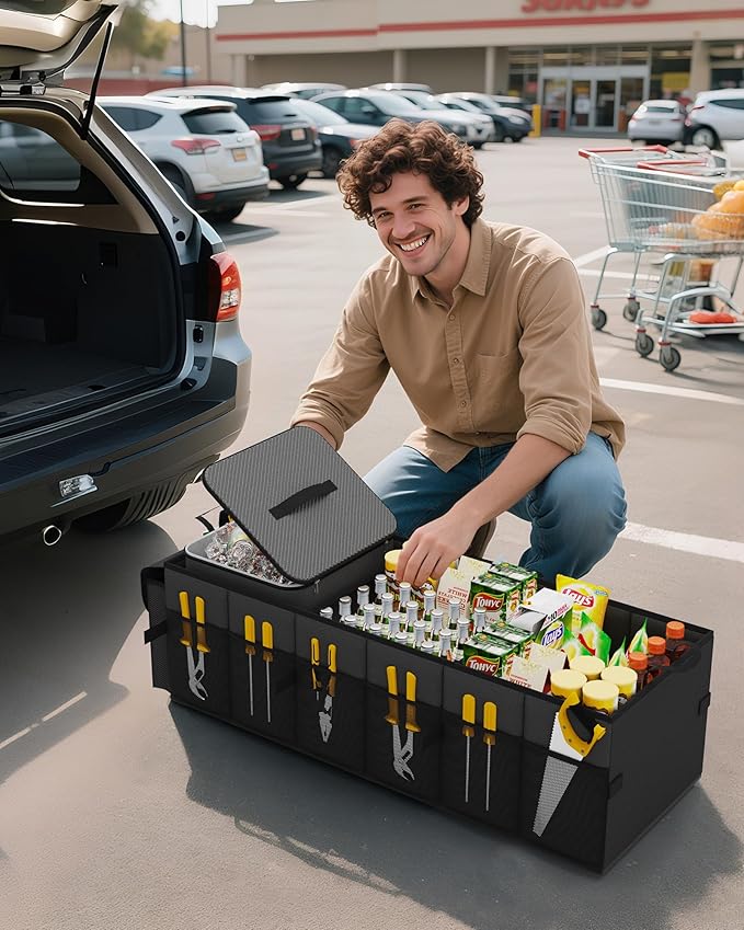 HOTOR Trunk Organizer for Car & SUV, Sturdy Car Organizer with Removable Cooler, Large Foldable Trunk Organizer with Cooler, 3 Compartments, Adjustable Straps, Black, 35.43”×14.17“×10.63”