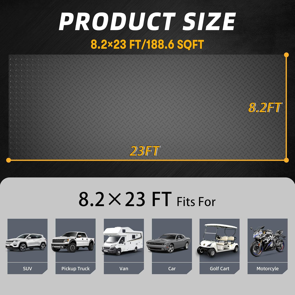 8.2 x 23 FT Garage Floor Mat, 2.8mm Thickened Diamond Plate PVC Garage Flooring Roll for Car, 188.6 SQFT Heavy Duty Vinyl Garage Floor Protector for Garage, Basement, Truck. Black