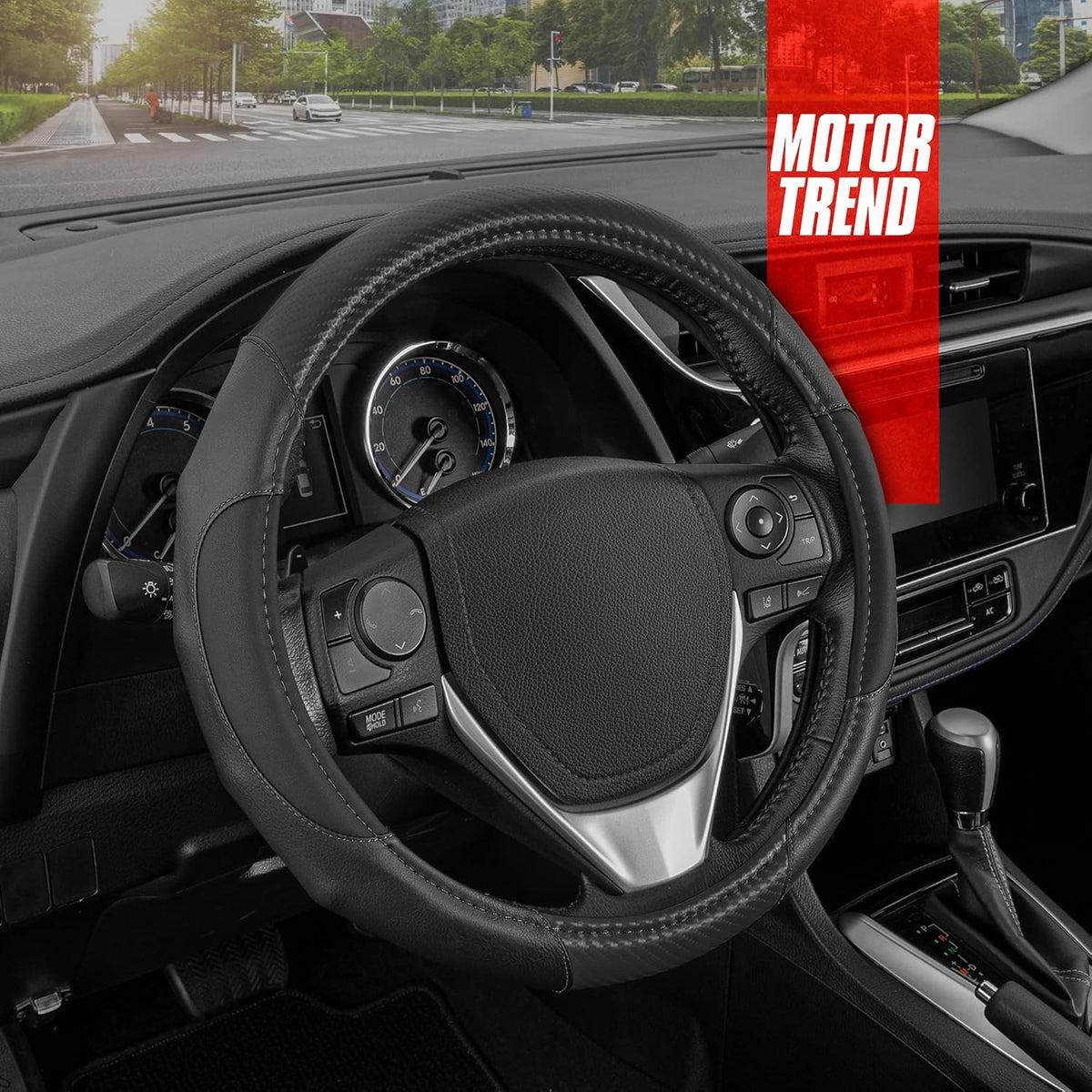 Motor Trend GripDrive Carbon Fiber Steering Wheel Cover, Non-Slip Sporty Racing Faux Leather Ergonomic Comfortable Handle, Steering Wheel Cover for Cars Trucks Vans SUV - Fits Standard 15 Inch - Black