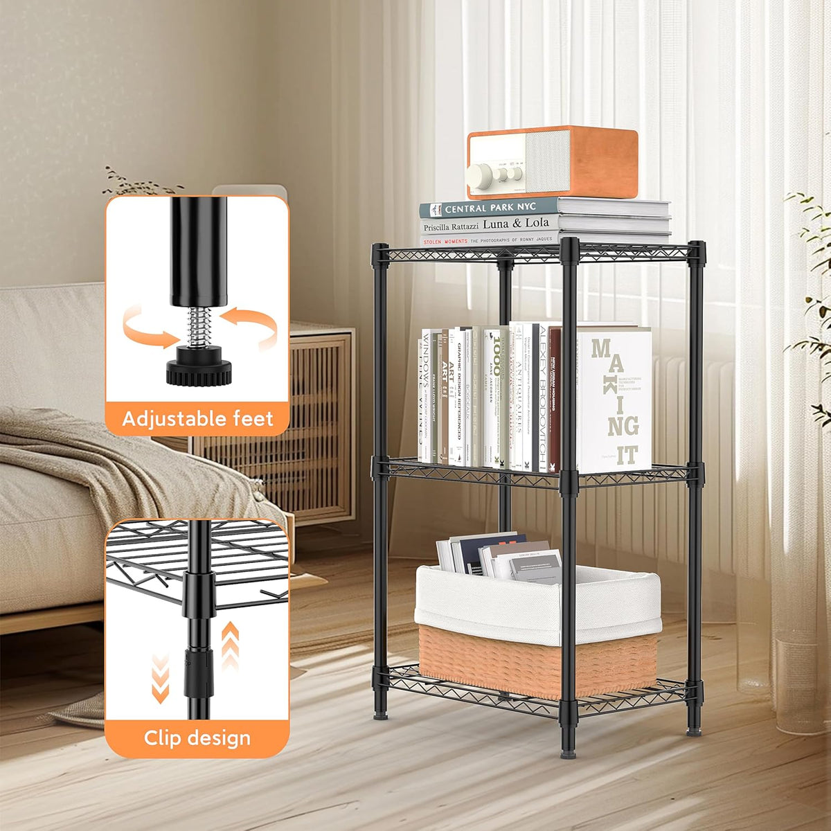 3 Tiers Shelf Metal Storage Shelves Wire Rack Closet Organizers with Wheel for Garage Kitchen Bathroom Laundry Black 11.8" D x 17.7" W x 28.8" H