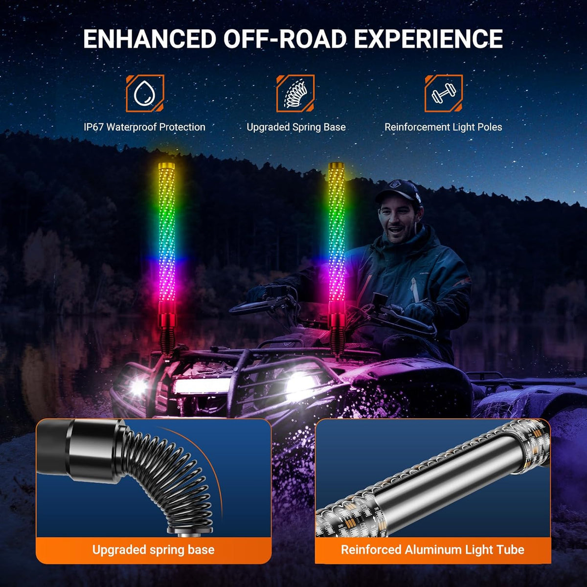 3FT Fat Whip Lights for UTV ATV with Spring Base, Led Fatty Whip Light W/Rocker Switch & 3 Flags, Brighter Spiral Chasing Lighted Antenna Whip with APP & Remote Control for RZR SXS Can-Am
