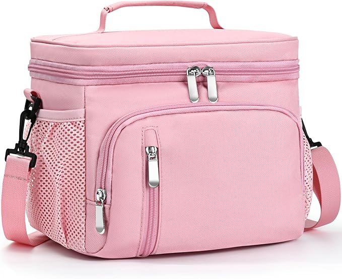 Insulated Lunch Bag for Men & Women, 9L Leakproof Lunch Box Soft Cooler Tote with 5 Pockets, 600D Oxford, EVA Lining, Adjustable Strap for Work, Picnic, Beach&Travel-Pink