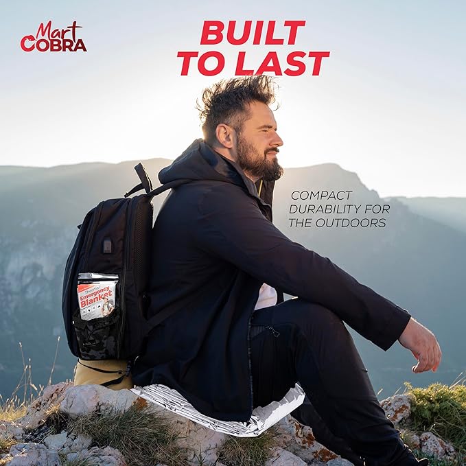 Mart Cobra Emergency Blanket 100-Pack | Reflective Thermal Blanket | Survival Gear | Lightweight Mylar Blankets | Retains 90% Body Heat | Essential for Camping, First Aid, Homeless Care Package Bulk
