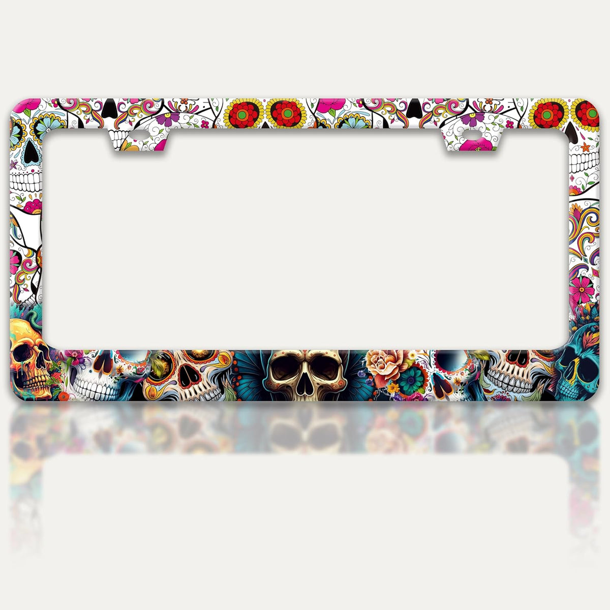 Sugar Skull License Plate Frame Skeleton Flowers License Plate Holders Funny Stainless Steel Auto Accessory Bracket 2 Hole with Screws Universal Us Car License Plate Frames 6x12 Inch for Women Men