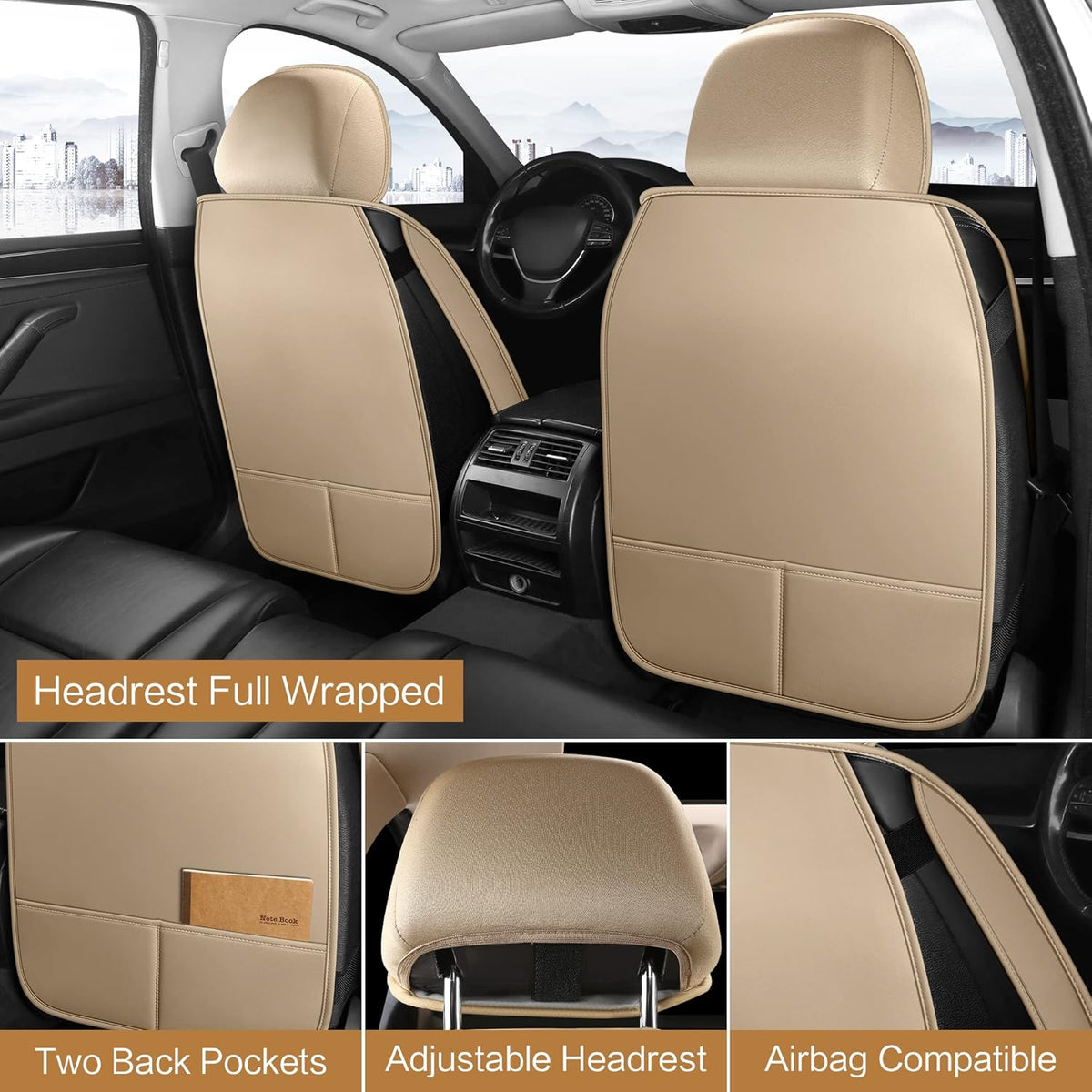 Pariitadin Leather Car Seat Covers Front Pair, Waterproof Breathable Faux Leather Automotive Seat Covers for Cars, Non-Slip Car Interior Covers Universal Fit Most Cars Sedans Trucks SUVs, Beige