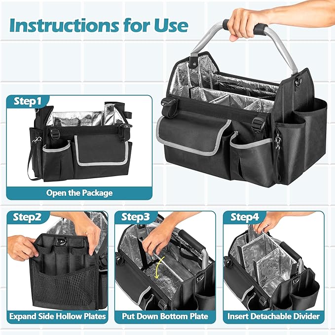 HODRANT Wearable Cleaning Caddy Organizer, Cleaning Supplies Bag with Divider & Support Pad, Cleaner Tote with Handle & Detachable Shoulder Strap, Housekeeping Storage Box with Multi Pockets, Bag Only