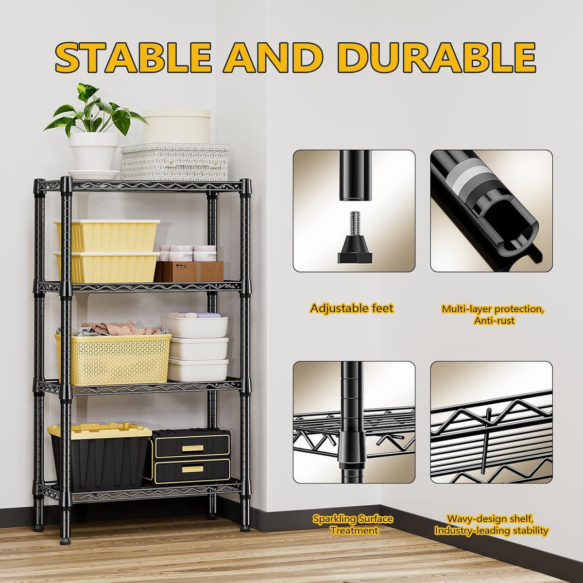 1000 lbs 4 Tier Shelf Metal Storage Shelves Wire Rack Closet Organizers for Garage Kitchen Bathroom Laundry Black 11.8" D x 25.6" W x 45.5" H