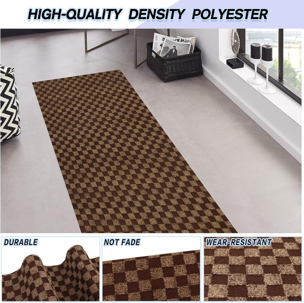 Custom Size Backed Non-Slip Area Rugs Runner, Easy Clean, Waterproof Runner Rugs for Hallway Entryway, Kitchen, Laundry, 3FT x 48FT, Brown Checkered