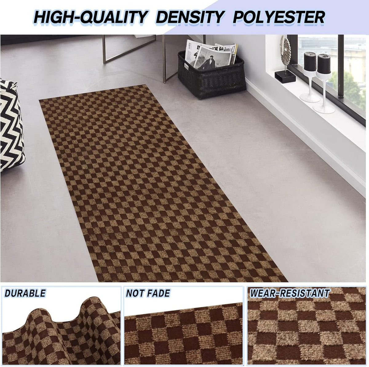 Custom Size Backed Non-Slip Area Rugs Runner, Easy Clean, Waterproof Runner Rugs for Hallway Entryway, Kitchen, Laundry, 3FT x 8FT, Brown Checkered