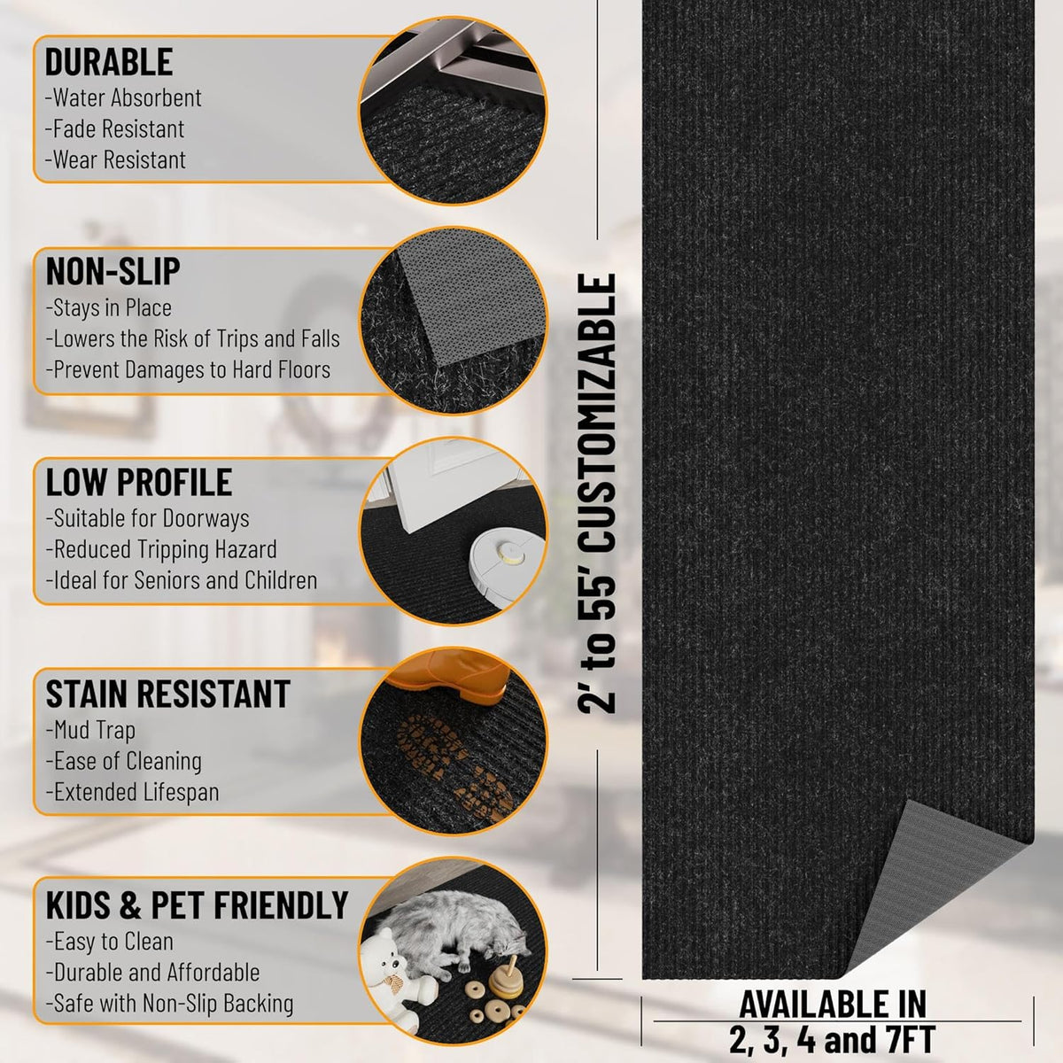 Ottomanson 2' x 34' Hallway Runner with Scraper Pile Extra Durable Non-Slip Rug Mat for Indoor & Outdoor Use - Ideal for Kitchen, Entryway, Patio & Garage - High-Traffic Carpet, Black