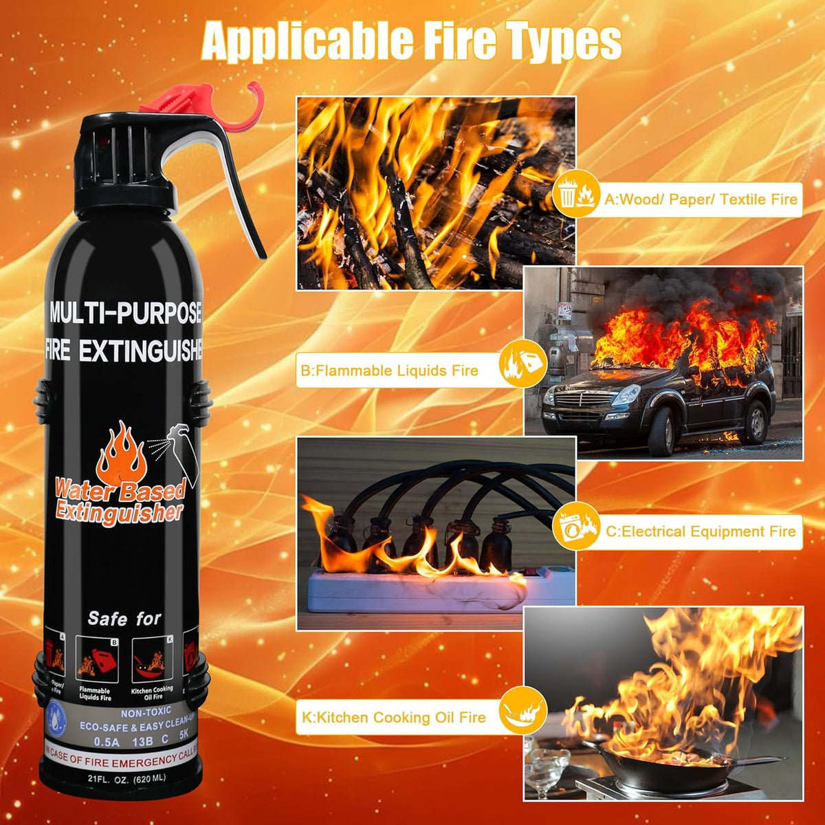 Fire Extinguisher for Home, 4 Pack Vehicle Fire Extinguishers with Mount, Portable Fire Extinguisher Effective on A, B, C, K Fires, Water-Based Extinguisher for Car Boat Office Truck Kitchen Garage RV