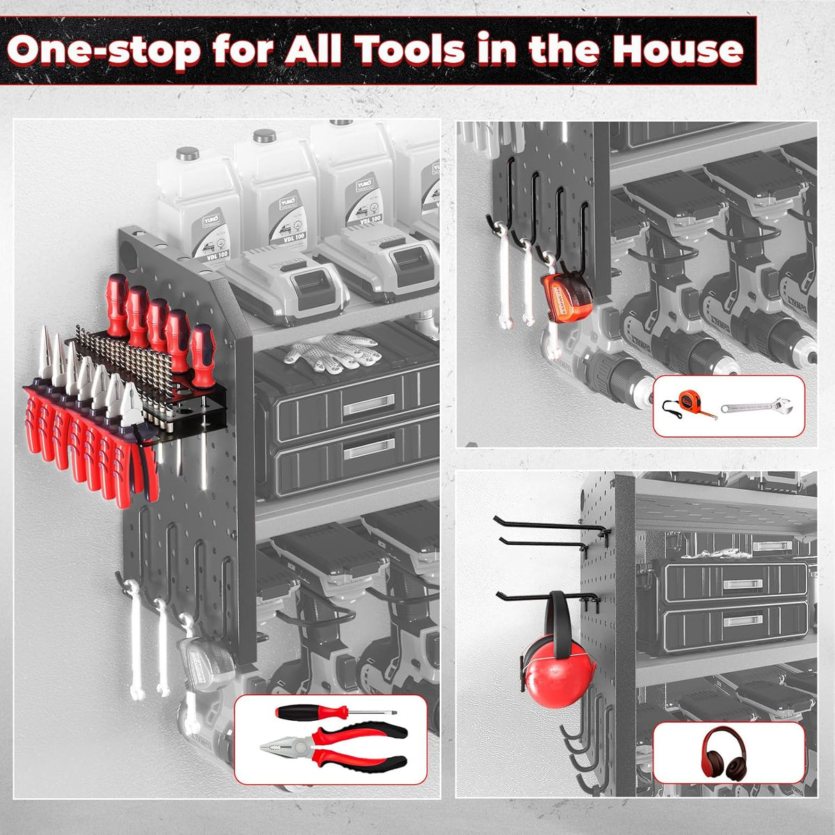 KAFAHOM Power Tool Organizer, Large 8 Drill Holder Wall Mount with 2 Side Pegboards, Heavy Duty Metal Tool Shelf with 12 Hooks, Storage Rack for Garage Organization, Utility Battery Shelves - Red