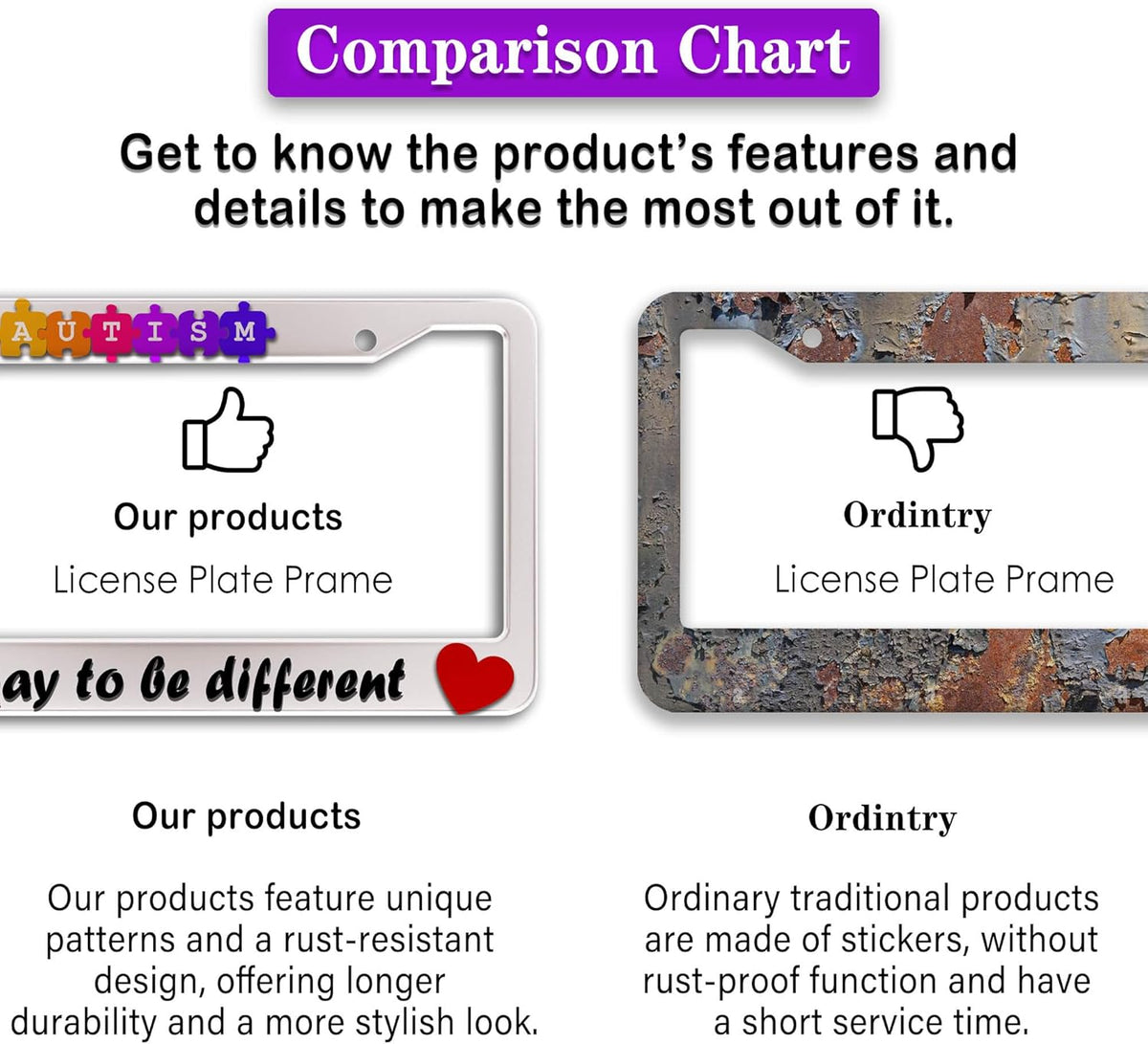 Automotive Exterior Accessories Multicolor License Plate Frames Autism It’s Okay to Be Different Aluminum Metal Car Accessory 2 Pack with Screw Covers Set