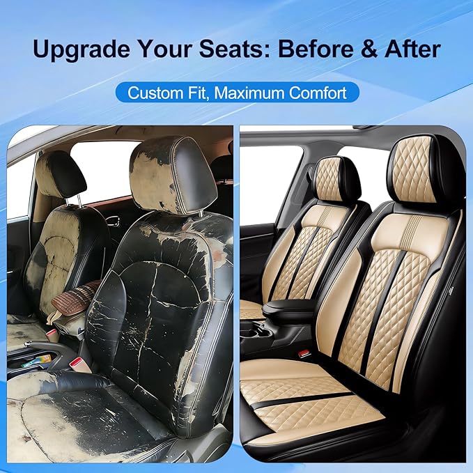 Fit Malibu Car Seat Covers for Chevrolet/Chevy Malibu 2009-2025, Full Coverage Leather, Airbag Compatible, Waterproof All Weather Breathable Seat Cushion Protector, Front Pair Black+Beige