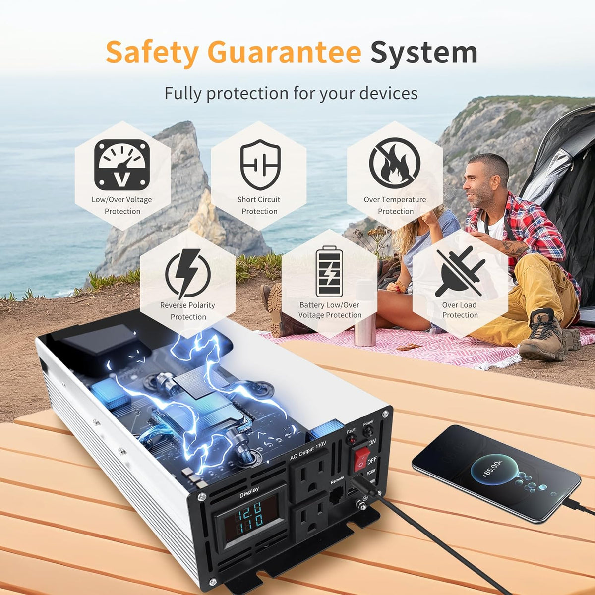 2000 Watt Pure Sine Wave Power Inverter DC 12V to 110V/120V AC Converter with 2 AC,18W USB, and 30W Type-C Charging Ports, Car Solar Power Inverters with LCD Display for Home RV Truck