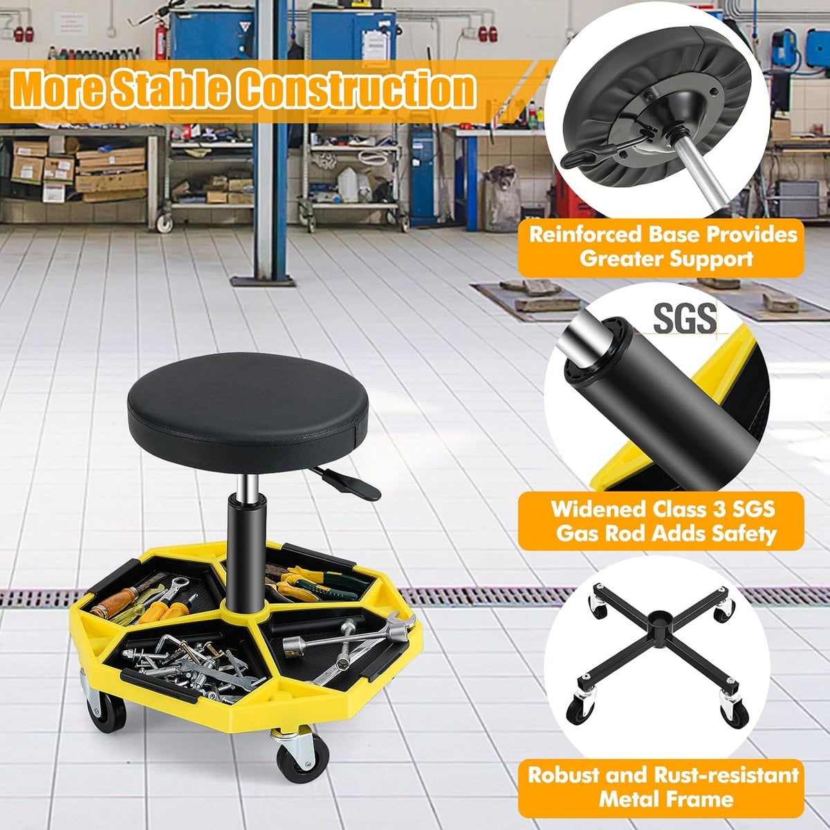 Adjustable Mechanic Rolling Stool, Pneumatic Rolling Stool with Wheels, Tool Storage Tray & Padded Seat Cushion, Garage Stool Chairs Creeper Seat (Yellow)