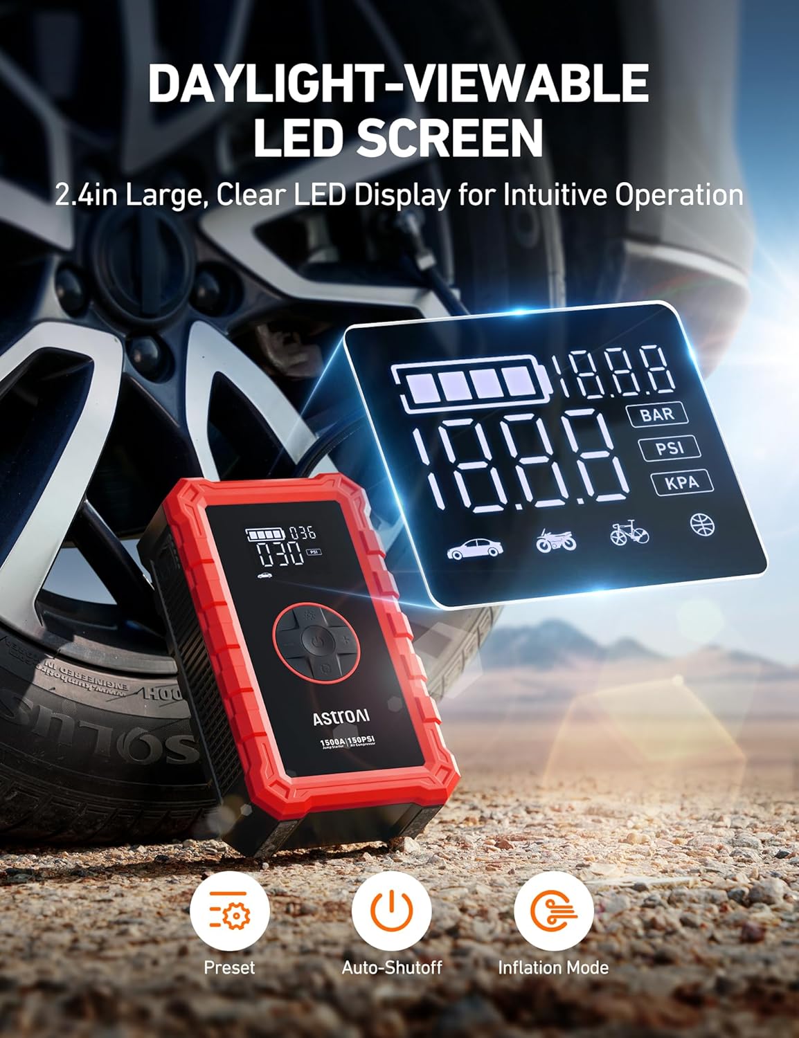AstroAI S8 Air Jump Starter with Air Compressor, 1500A Peak Car Battery Jump Starter Portable (6.0 Gas/3.0L Diesel) with 150PSI Cordless Auto-Shutoff Tire Inflator, 12V Battery Charger Booster(Red)