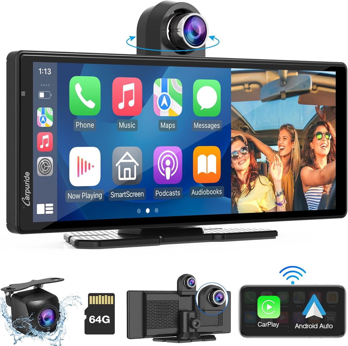 2025 CARPURIDE W903 Portable Carplay & Android Auto with Dash Cam - 9.3" HD IPS Screen, 4K Front &1080P Rear Cam, Loop Recording, Bluetooth, Mirror Link, GPS, Siri, Dashboard Mounted