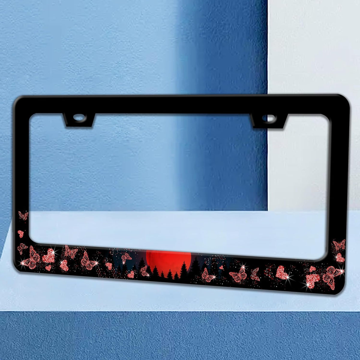 Red Moon Butterfly License Plate Frame Night Forest License Plate Holders Funny Stainless Steel Auto Accessory Bracket 2 Hole with Screws Universal Us Car License Plate Frames 6x12 Inch for Women Men