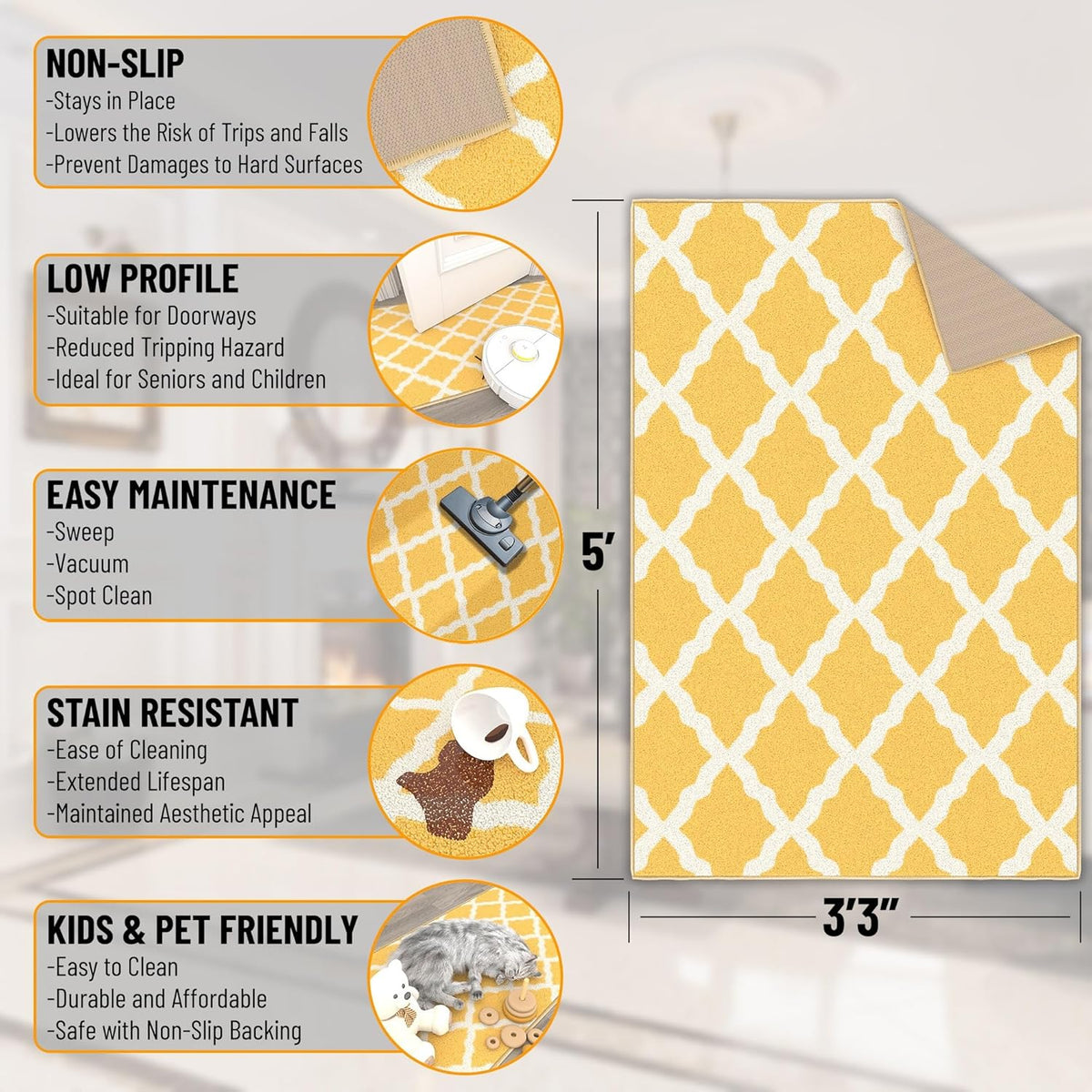 Ottomanson 3'3" x 5' Rugs for Living Room Trellis Area Rug for Bedroom - Non Slip Durable Large Floor Carpet for High Traffic Areas - Indoor Rug for Dining Room Kitchen Kids Playroom, Yellow