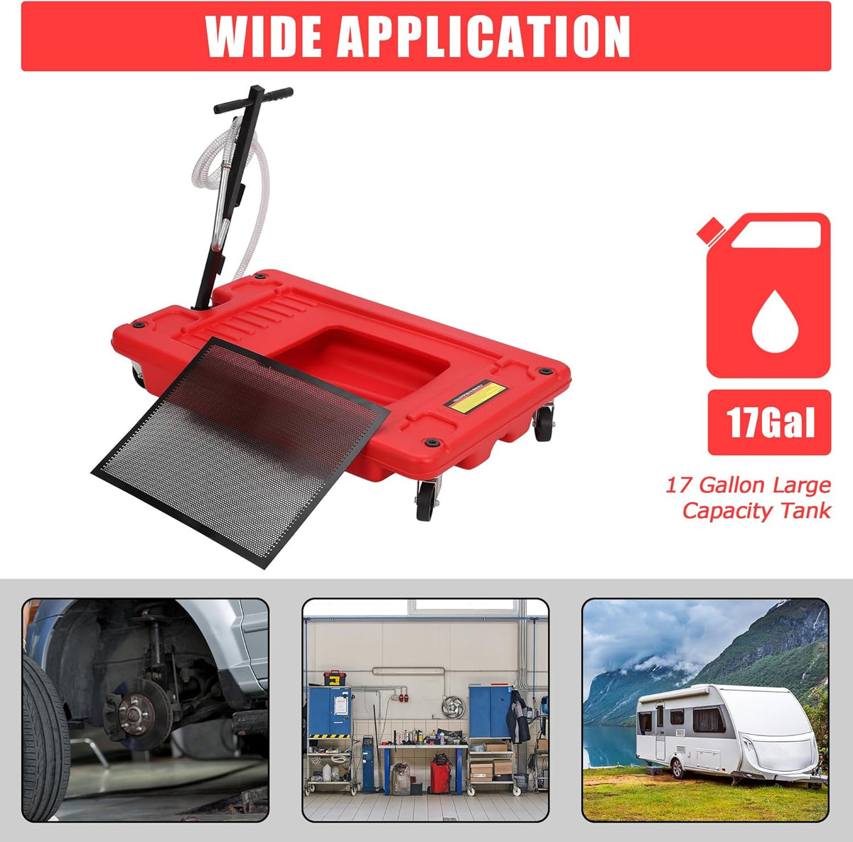 ‌17 Gal Electric Oil Drain Pan, Low Profile Mobile Oil Changing Pan with Hand Pump, 8 Ft Hose & Quick Drain Valve, Leak-Proof Design for Truck Car Motorcycle, Garage Workshop Use