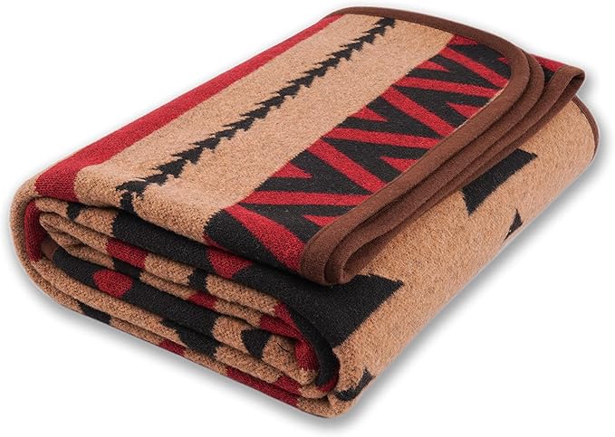 PuTian Merino Wool Blanket - Warm, Thick, Washable, 87" x 63" Large Throw for Outdoors, Camping,Couch, Bed, Travel - Super Soft Wool Blanket (Striped Fire Light Tan)