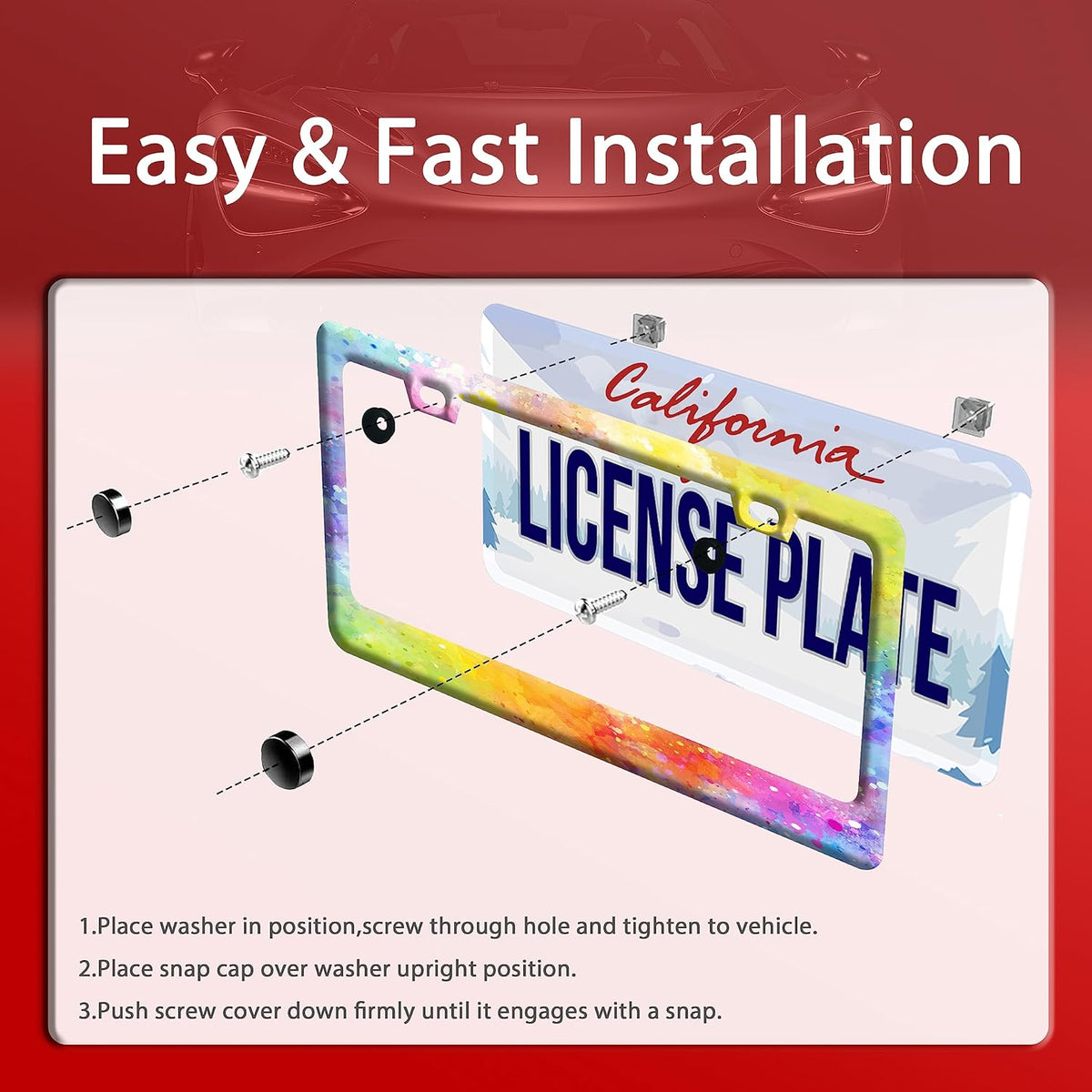 Colorful Rainbow Personalized License Plate Frame License Plate Stainless Steel o Parts Funny License Plate Decorative with Screws Size 12.3" x 6.3" for Men Women