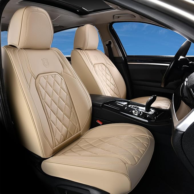 Coverado Front Seat Covers, Luxury Faux Leather Waterproof Seat Cover, Beige Car Seat Protector, Car Seat Cover Front Seats, Automotive Seat Covers Universal Fit for Most Cars (Front, Beige)