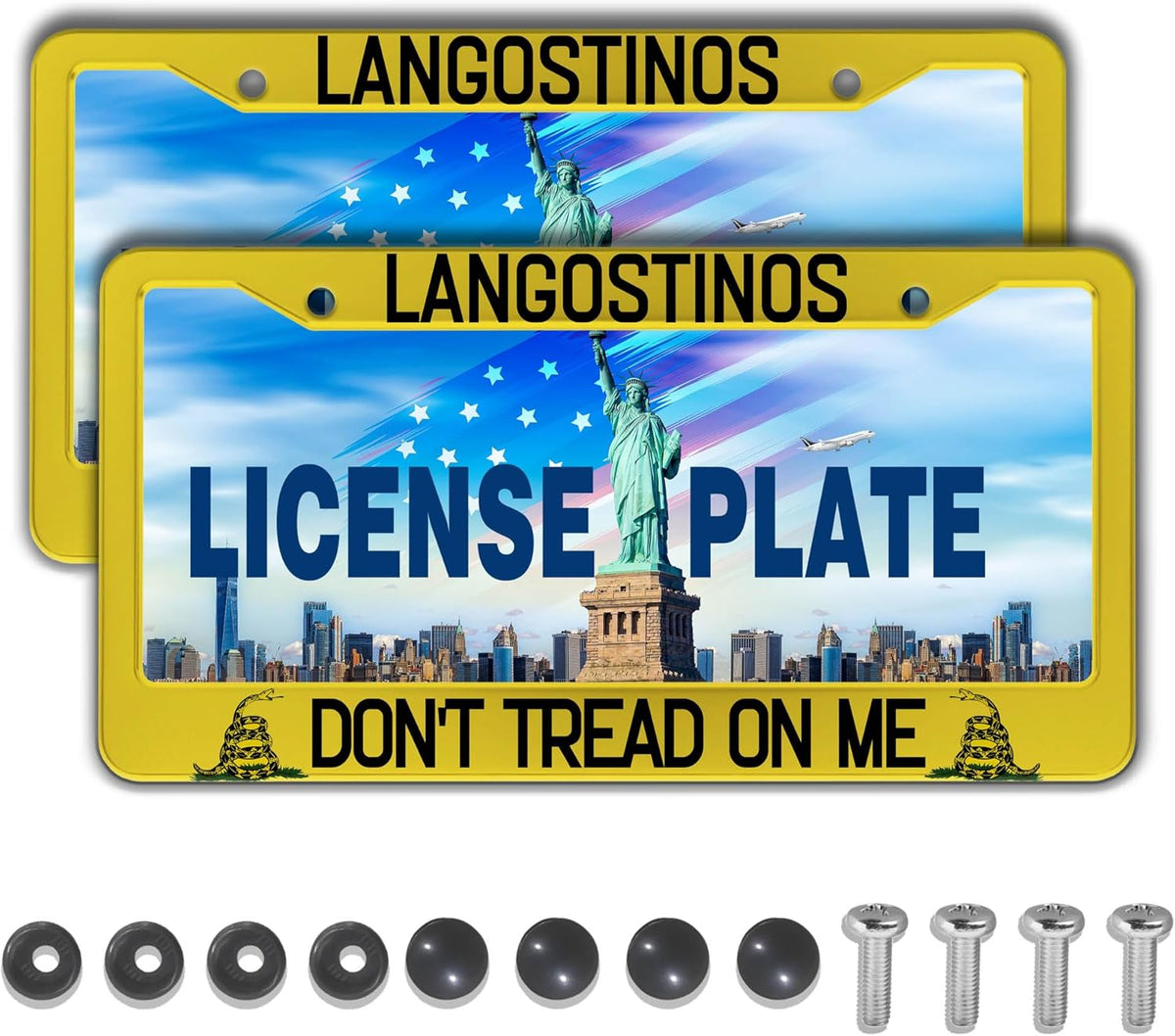 License Plate Cover Yellow Black License Plate Frames Langostinos Don’t Tread on Me Universal Aluminum Car Accessory 2 Pack with Screw Covers Set