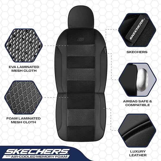 Skechers Men’s Seat Covers, Air-Cooled Memory Foam Car Seat Covers Front Seats, Airbag Compatible,Universal Fit for Most Cars, SUVs, Vans and Trucks,Black