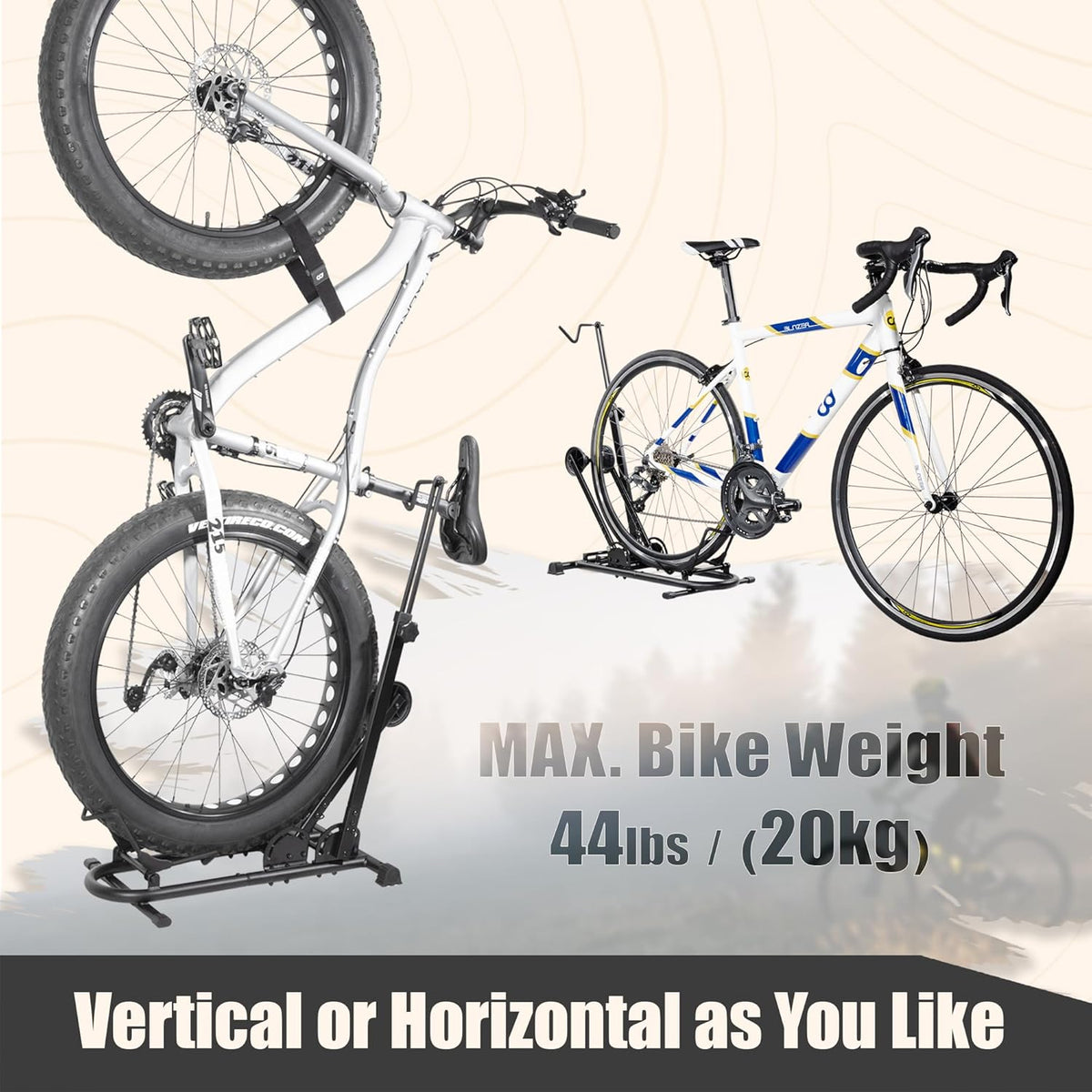 BIKE HAND Vertical Bike Stand - for Fat Bike Snow MTB Road Bikes with Max 5" Tire Width - Vertical & Horizontal Adjustable Bicycle Parking Rack with Seatpost Stabilizer - Wheel Sizes up to 29"