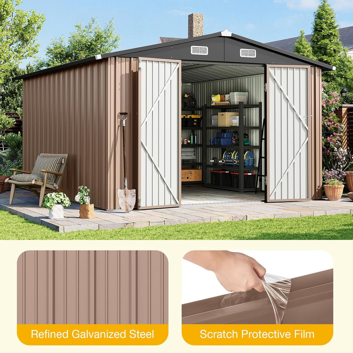 10x12 FT Outdoor Storage Shed Heavy-Duty Galvanized Steel Metal Garden Shed with Lockable Double Doors for Bike, Tool, Generator Storage in Backyard, Patio (10’x12’)
