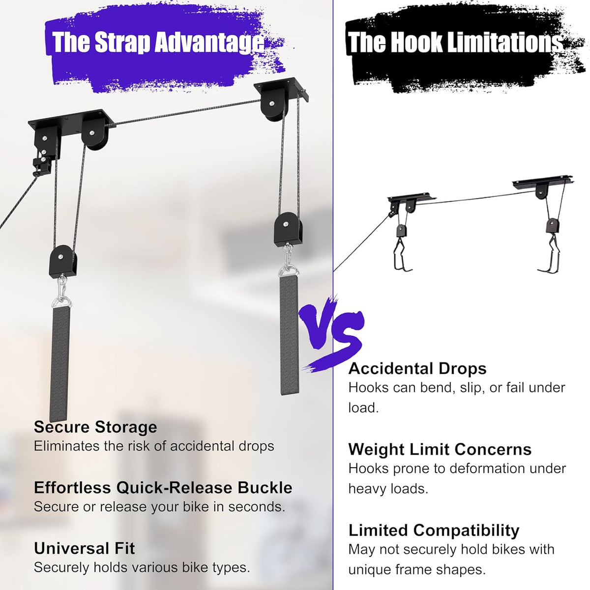 Bike Hoist, Heavy Duty Bike Pulley System for Garage Ceiling Bicycle Hanger, Bike Lift Overhead Storage Holds Up to 85 lbs Capacity, Fit 10-16 Foot Ceilings, Black