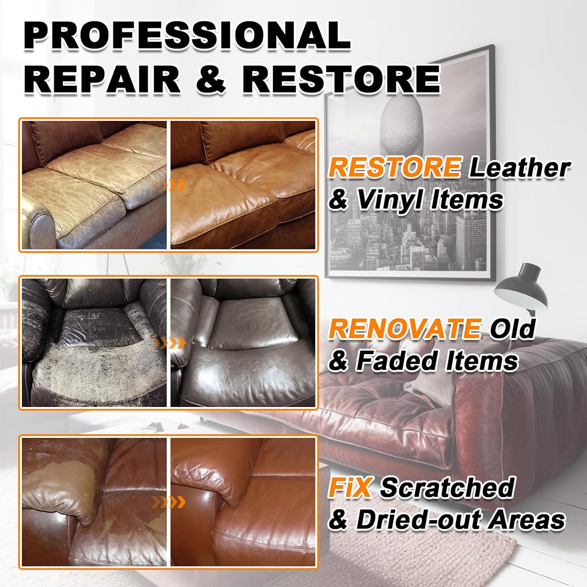 White Leather Recoloring Balm, 12oz Leather Color Restorer for Couches, Leather Repair Kit for Furniture, Leather Dye for Leather Fade, Leather Repair Restore car seat