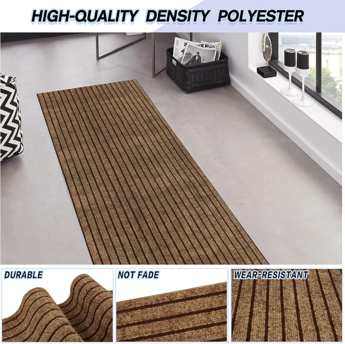 Custom Size Backed Non-Slip Area Rugs Runner, Easy Clean, Waterproof Runner Rugs for Hallway Entryway, Kitchen, Laundry, 3FT x 42FT, Brown Stripe