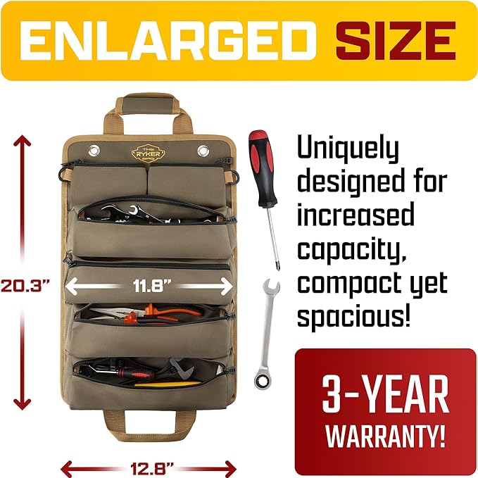 The Ryker Roll Up Tool Bag Organizer Gifts for Dad. Heavy Duty Motorcycle Tool Roll Bag Organizer. Portable Rollup Toolbag w/Detachable Pouches - Tools Bags Mens gifts for him - Mechanic & Electrician