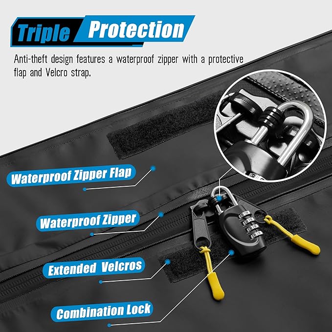 ARKSEN 600D PVC Waterproof Roof Cargo Bag with Lock, Nylon Net, Hitch Stabilizer, 2 Ratchet Straps for SUV, Truck, Van with/Without Rack
