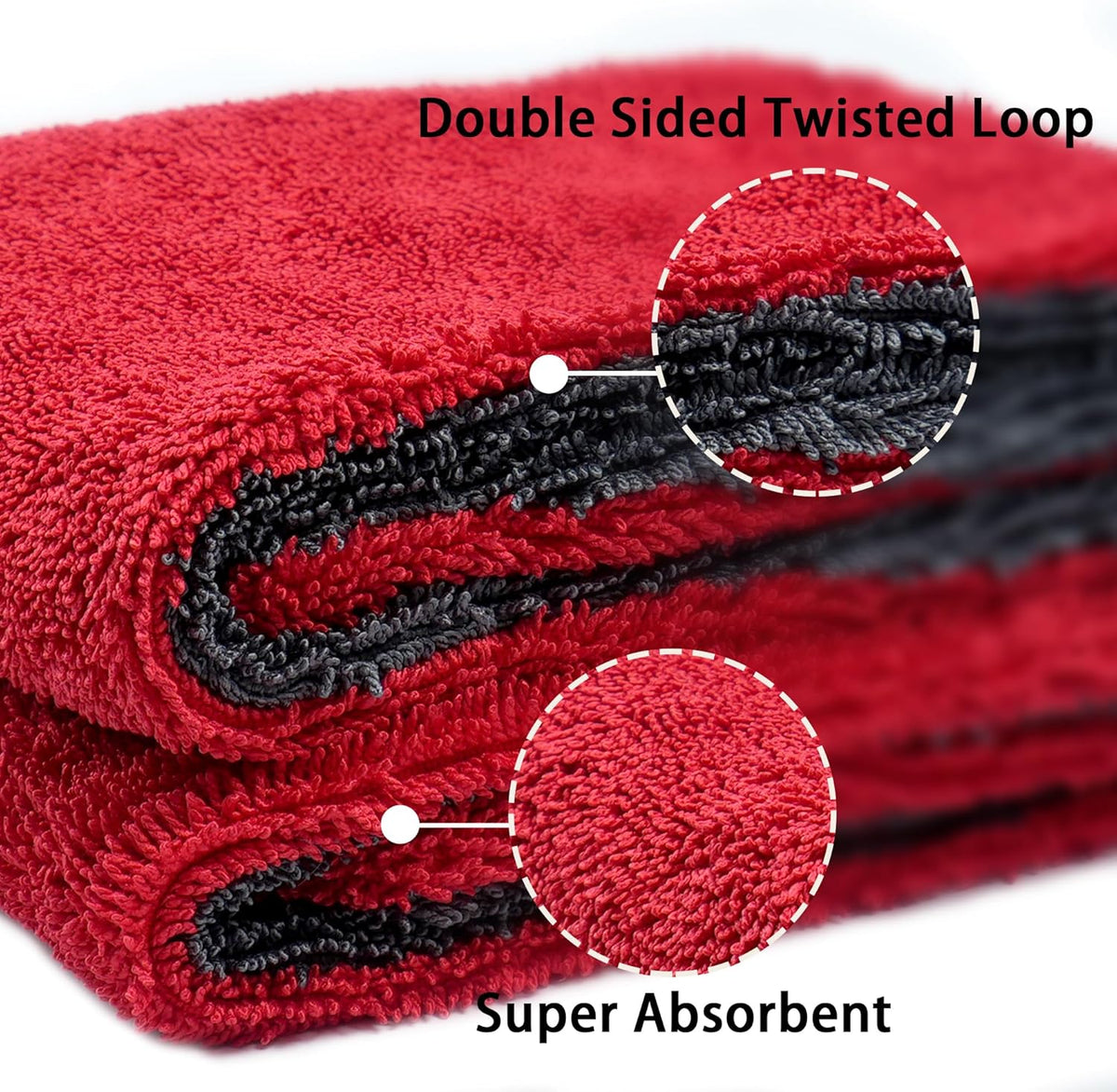 LIVOS 2 Pack Car Drying Towel, Premium Microfiber Towels for Cars, 1000GSM, Edgeless Twisted Loop Design, No Streaks, Scratches, or Water Spot, Absorbent Wash Towel, 18" x 24" (Red&Grey)