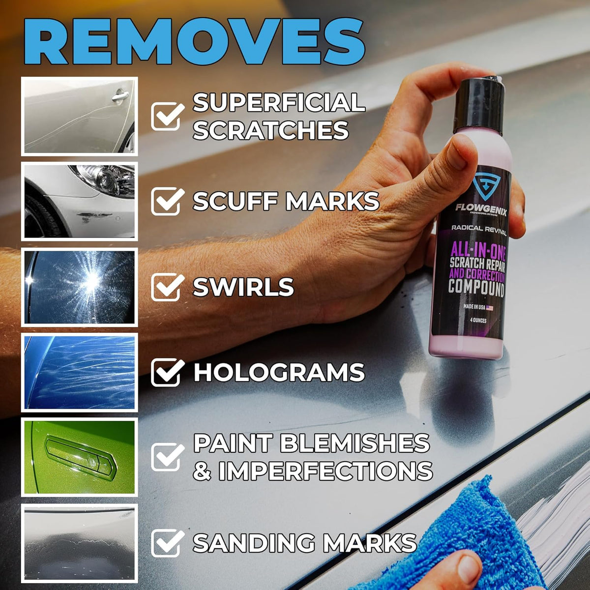 Instant Car Scratch Remover for Vehicles, All-in-One Car Paint Scratch Repair and Polishing Compound (4 oz) - Incl. Microfiber Applicator and Microfiber Towel