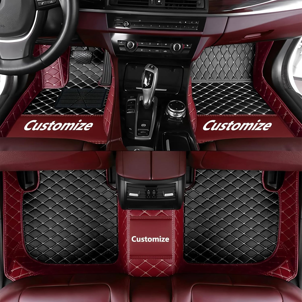 Custom Personalized Floor Mats for Cars，Luxury Full Coverage All Car Floor Mats，Anti-Slip Leather Car Mat Set ，Custom Floor Mats for 99% of Cars, Trucks & SUVs. (Wine red and Black)